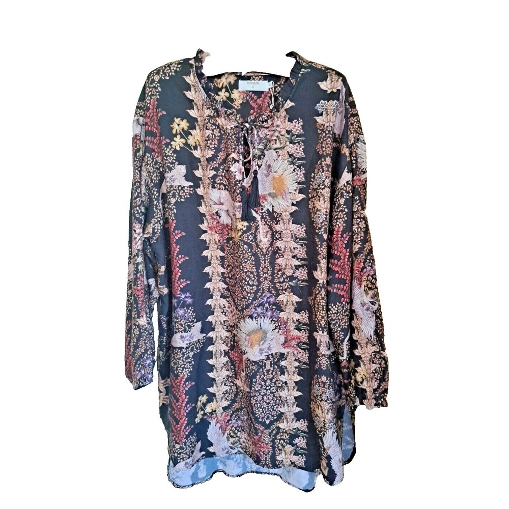 Women's Tunic Shirt Dress Size 40 Black/Sunflowers/Tiger Print Tassels Boho NWOT